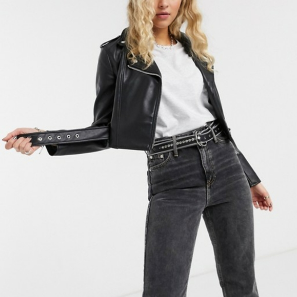 Faux leather cropped biker jacket with belt - Picture 4 of 6